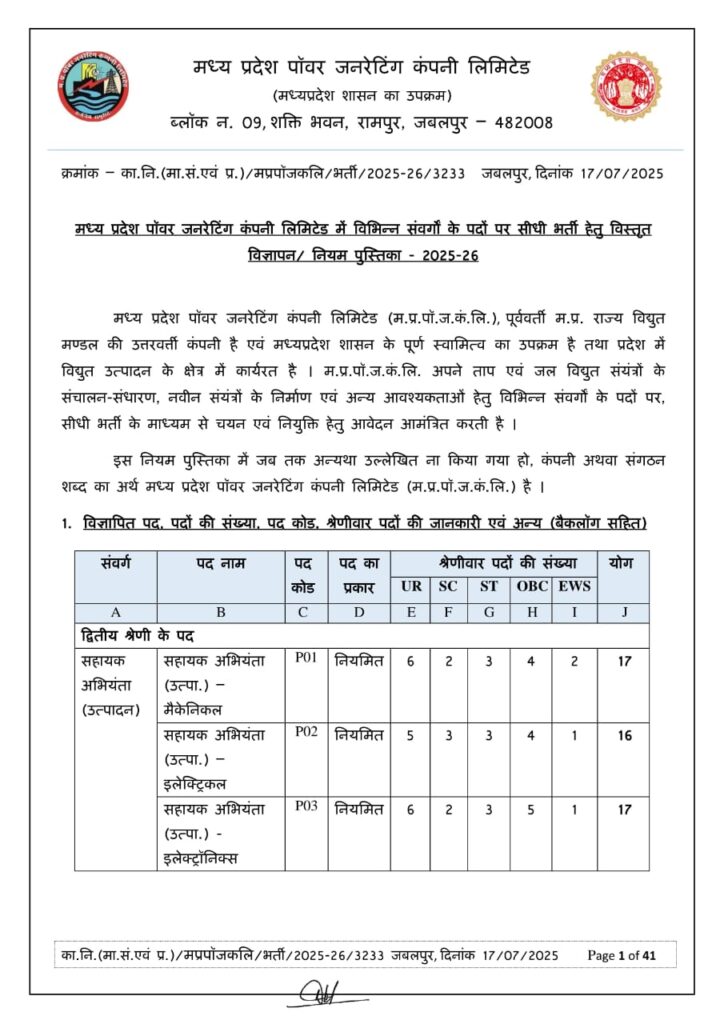 madhya pradesh power generating company limited advertisment 2025